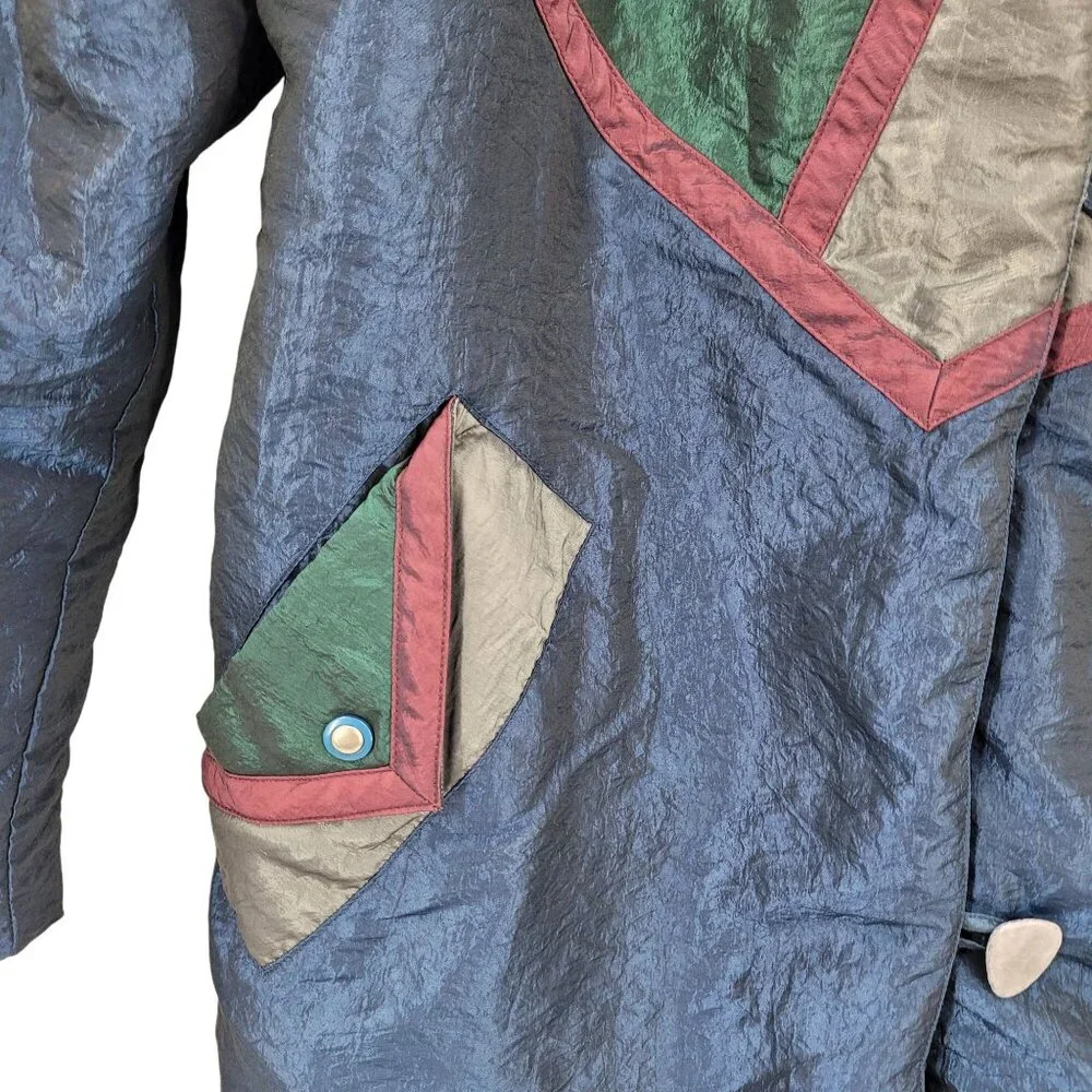 Vtg 80s Colorblock Nylon Winter‎ Jacket Coat Sz M Metallic Multicolor Geometric